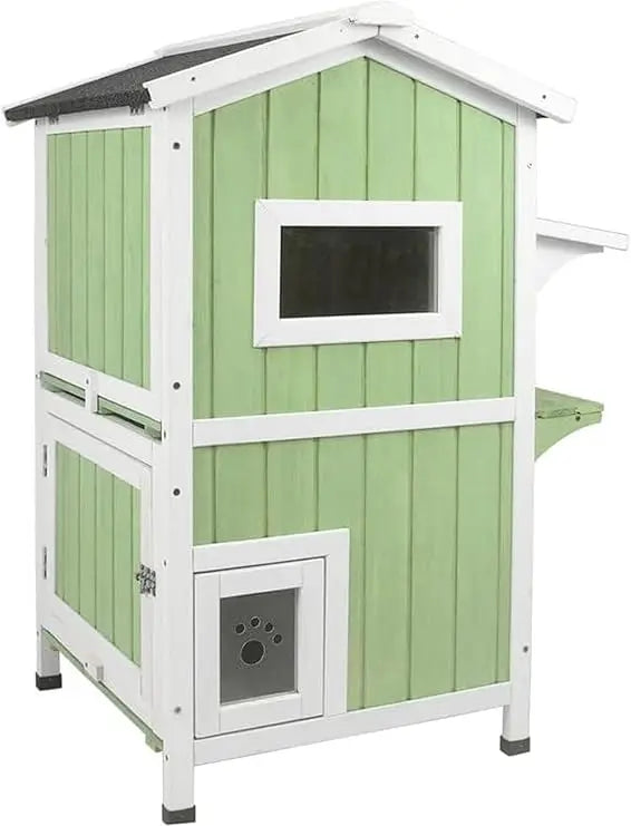 Weatherproof Two-Story Wooden Outdoor Feral Cat House with Openable Roof and Escape Door