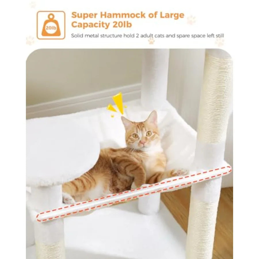 56.3" Cactus Cat Tree with Metal Hammock, 6 Tiers, 6-tier shelves, Metal plush hammock, 2-door condo house, Sisal posts, Large