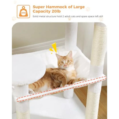 56.3" Cactus Cat Tree with Metal Hammock, 6 Tiers, 6-tier shelves, Metal plush hammock, 2-door condo house, Sisal posts, Large