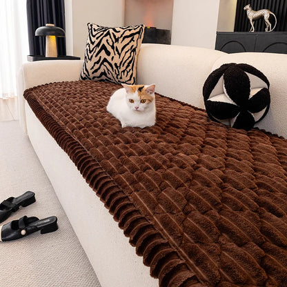 Winter Thick Flannel Sofa Cushion Grid Plush Seat Cover Warm Soft Fluffy Chaise Lounge Mat Couch Protector Living Room