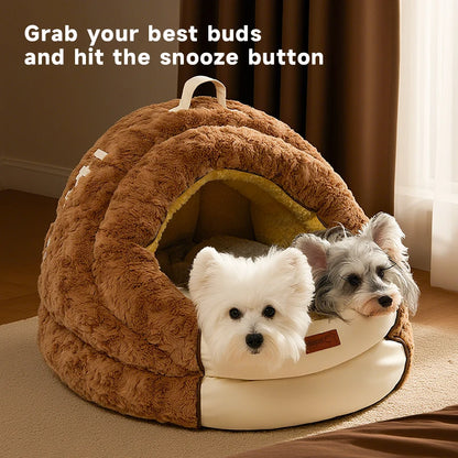 HOOPET Winter Dog Bed with Roof, Semi-Enclosed Warm House & Soft Pad, Plush Security Feeling Comfort Pet Nest for Small Dogs