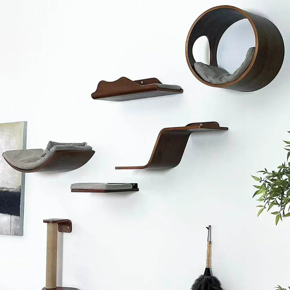 Wall-Mounted Cat Hammock Cat Climbing Stairs Solid Wood Cat Tree Tower Scratcher Rope Ladder Kitten House Indoor Cat Playground