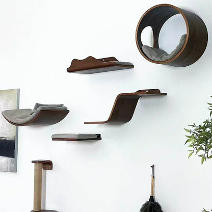 Wall-Mounted Cat Hammock Cat Climbing Stairs Solid Wood Cat Tree Tower Scratcher Rope Ladder Kitten House Indoor Cat Playground