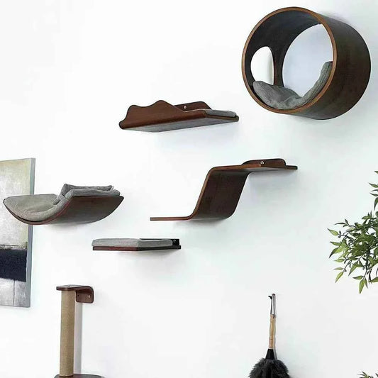 Wall-Mounted Cat Hammock Cat Climbing Stairs Solid Wood Cat Tree Tower Scratcher Rope Ladder Kitten House Indoor Cat Playground