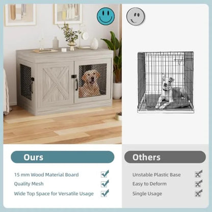 Corner Dog Crate Furniture with Double Doors 36 Inch Wooden Dog Kennel End Table Indoor with Mesh Cage/House for Small Medium L