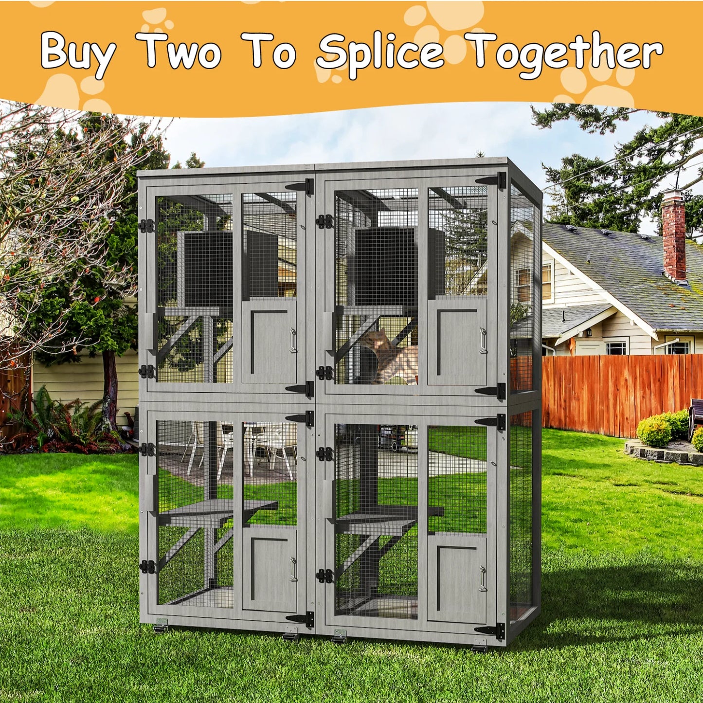 4-Tier Outdoor Cat Catio Enclosure, Large Cat Playpen with Wheels,Waterproof Roof,4 Doors & Resting Box,Grey/Black