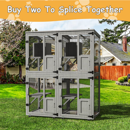 4-Tier Outdoor Cat Catio Enclosure, Large Cat Playpen with Wheels,Waterproof Roof,4 Doors & Resting Box,Grey/Black