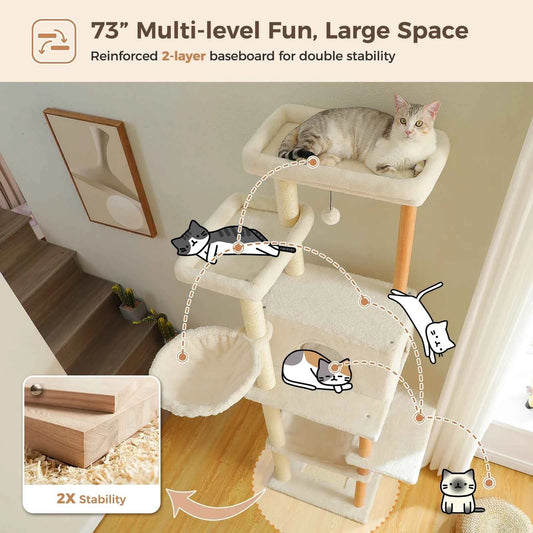 Multi-Level Cat Tree for Indoor Cats Tall Wooden Cat Tower with Sisal Scratching Post Spacious Hammocks Large Cat Condo Cat Toys