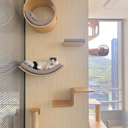 Wooden Cat Climbing Shelves Wall Mounted Cat Tree Sisal Scratching Post Pedal Hammock Indoor Kitten Playground Cats Accessories