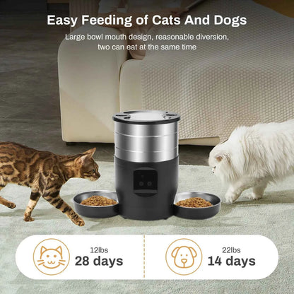 4.5L Intelligent Pet Feeder With Two Stainless Steel Bowls Button & WiFi APP Control Cat/Dogs Timed Food Automatic Dispenser