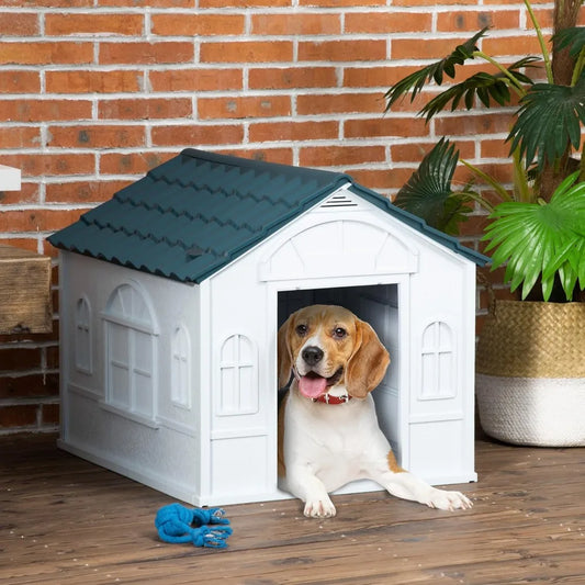 Plastic Dog House for Medium and Small Dogs, Water Resistant Puppy Shelter Indoor Outdoor with Door, Easy to Assemble, Bl