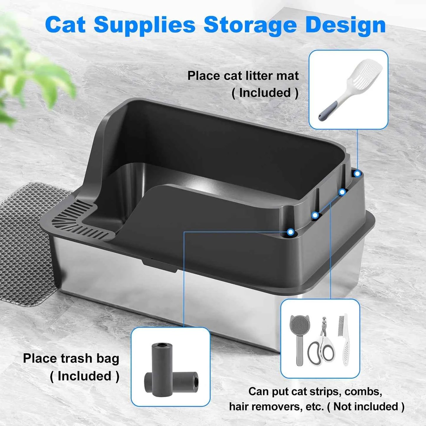 Stainless Steel Cat Litter Box,  Extra Large Splash-proof & Leak-proof Litter Box Suitable for Large Cats