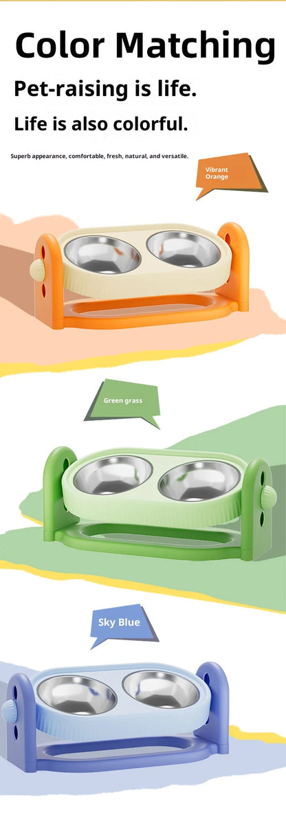 Adjustable Height Pet Bowl with Neck Support - Stainless Steel Dual Dish Anti-Slip Easy Clean Large Capacity Cat Dog Bowl