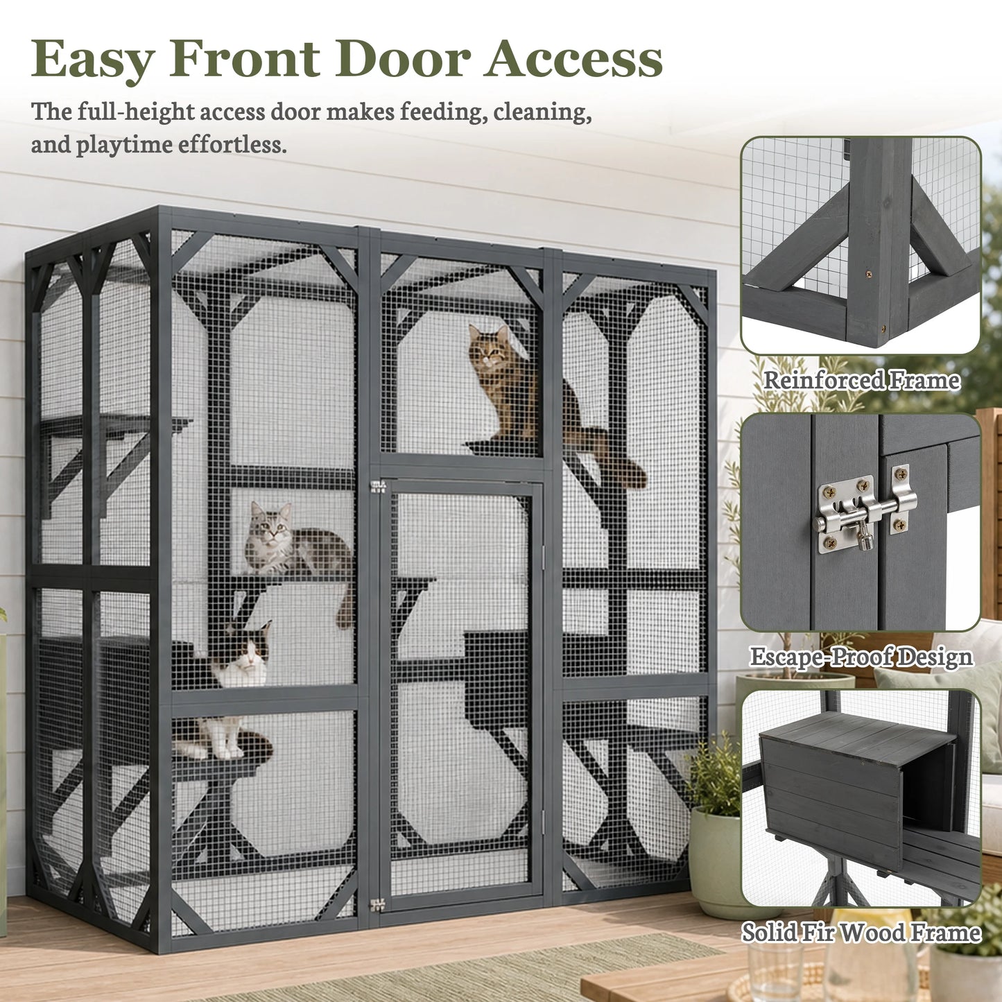 Large Wooden Catio Outdoor Cat Enclosure  Walk-in Cat House with Platforms & Rest Box   Weatherproof Cat Cage for Multiple Cats