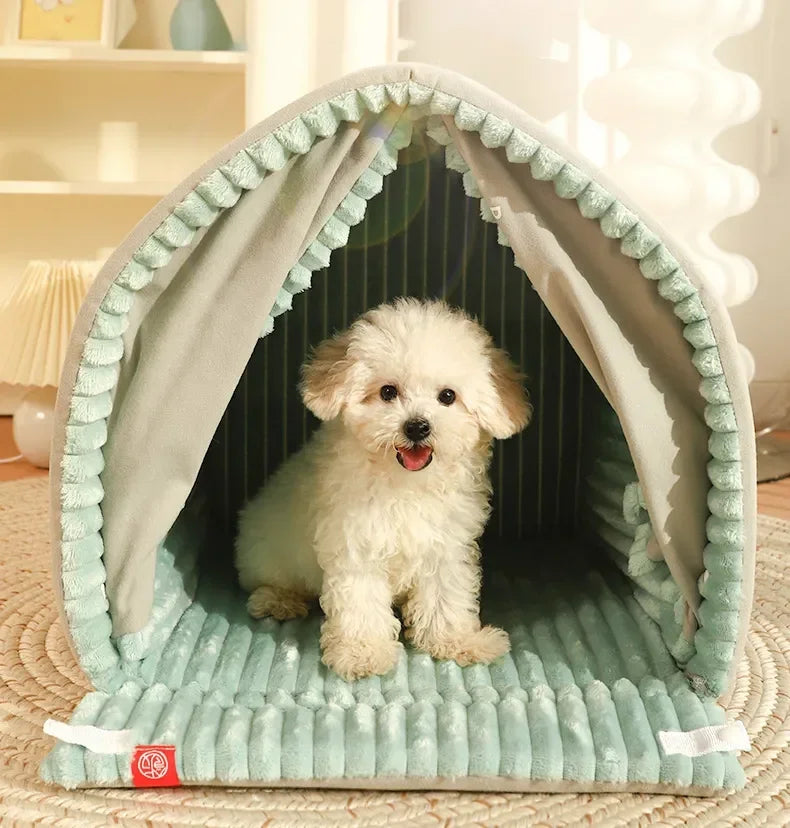 Closed Dog House with Door Curtain Winter Windproof Nest for Dogs Cats Outdoor Portable Cat Tent Dog Villa Sleep Kennel Cat Mat