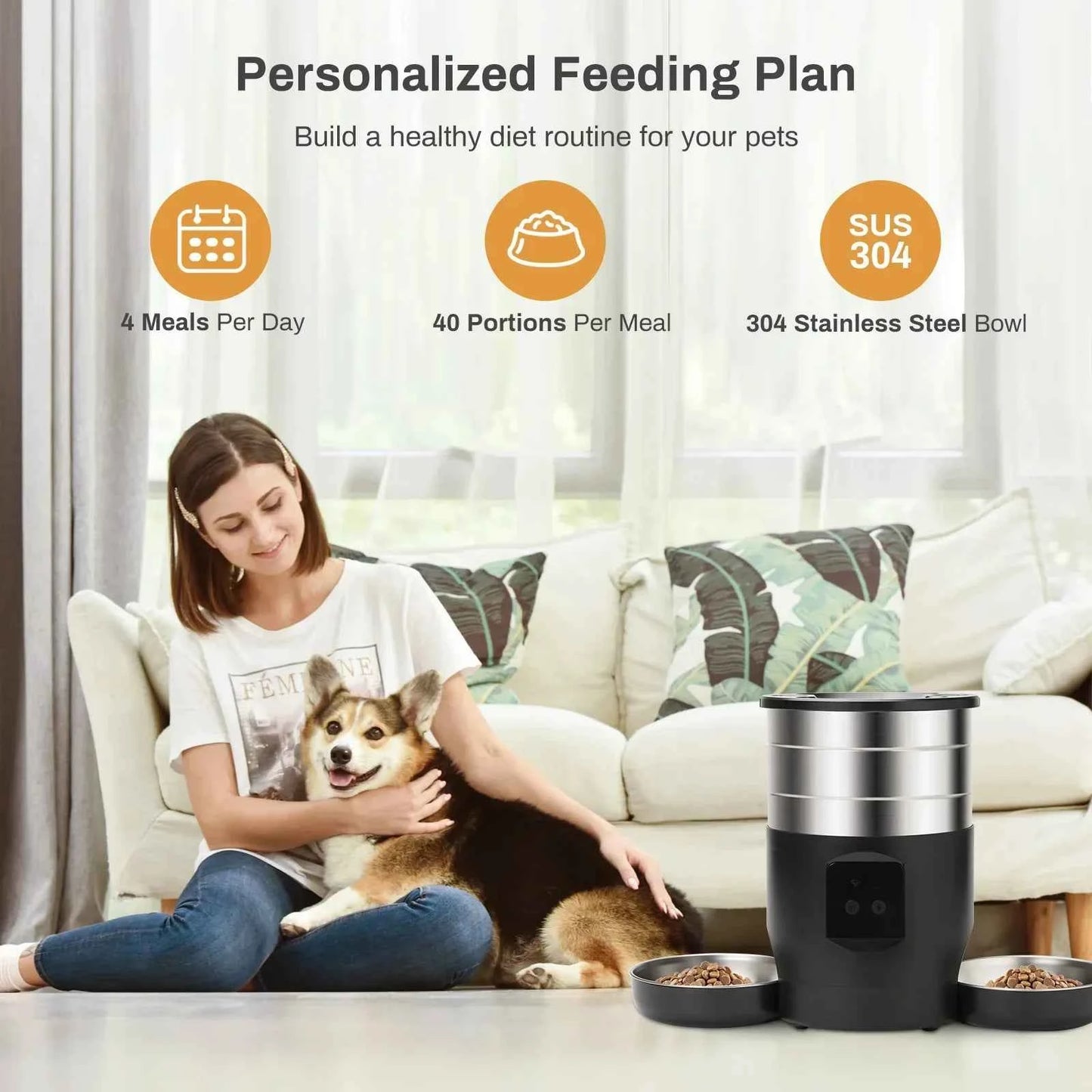 4.5L Intelligent Pet Feeder With Two Stainless Steel Bowls Button & WiFi APP Control Cat/Dogs Timed Food Automatic Dispenser