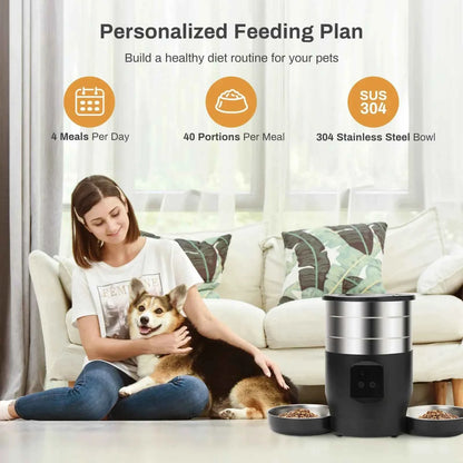 4.5L Intelligent Pet Feeder With Two Stainless Steel Bowls Button & WiFi APP Control Cat/Dogs Timed Food Automatic Dispenser