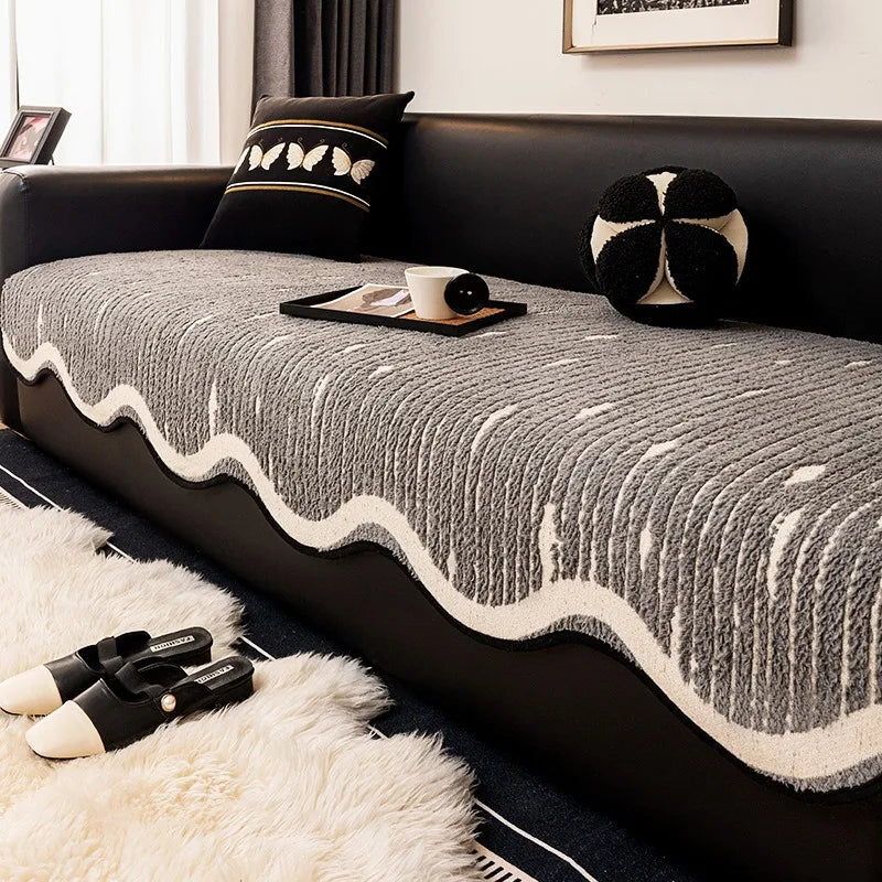 Nordic Striped Plush Sofa Cover Irregular Non-slip Corner Sofa Seat Cover Winter Warm Sofa Protector Towel for Living Room Decor