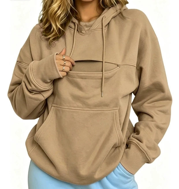 Pet Lover Sweatshirt Women Pet Carrier Hoodie With Pet Pocket Drawstring Long Sleeve Cat Dog Holding Pullover Solid Loose Casual