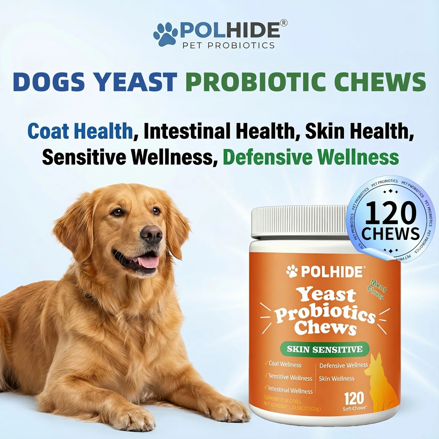 [90 Day Supply]120 Chews Yeast Probiotic For Dogs - Meat Flavor Soft Chews, Coat And Intestinal Health, Sensitive And Defensive Wellness, Pet Probiotic Supplement, All Ages Suitable
