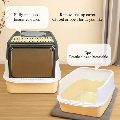 1pc Indoor Cat Litter Box Closed Pet Poop Box Sand and Splash Resistant Open Cat Toilet Cat Litter Box with Removable Top Lid