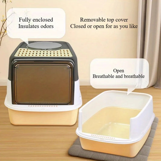 1pc Indoor Cat Litter Box Closed Pet Poop Box Sand and Splash Resistant Open Cat Toilet Cat Litter Box with Removable Top Lid