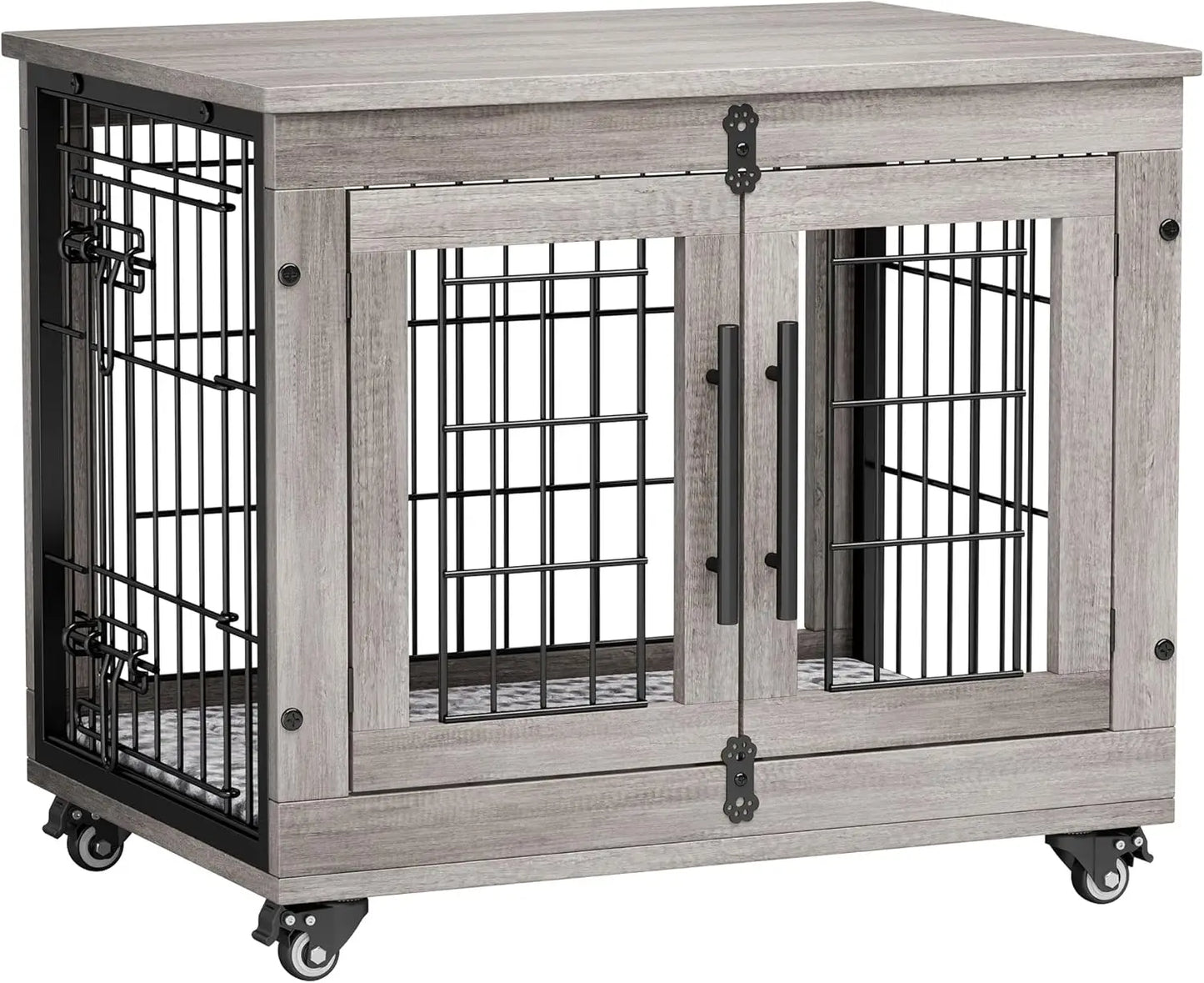 Lulive Dogs Crate Furniture for Medium Dogs, 32'' Dogs Kennel Indoor with Cushion & Wheels Wooden Doges Cage Double Doors Dog,Cu