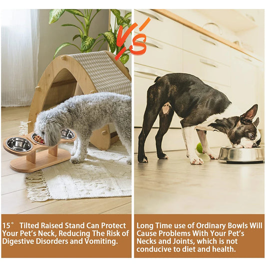 Raised Cat Feeder 3 Bowls in 1 Feeding & Watering Supplies 15° Raised Puppy 3 Stainless Steel Bowls Wood Stand Cats Accessories - Pet Suppie