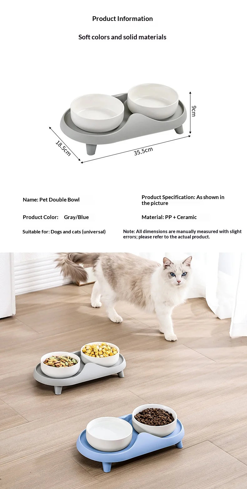 Ceramic Double Pet Bowl Elevated Design - Non-Tip Stable Large Capacity Cat Dog Food Water Dish Ant Proof Feeder