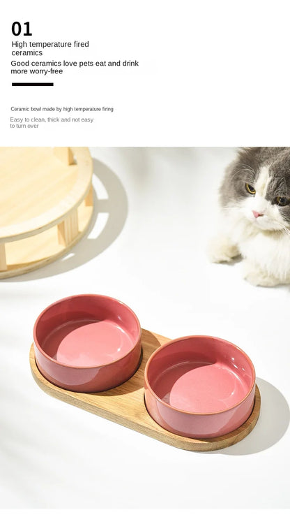 Dog Bowl Ceramic Matte Pet Bowl Cervical Spine Protector Anti Knock Over Wooden Tray Pet Feeding Supplies Cat Accessories