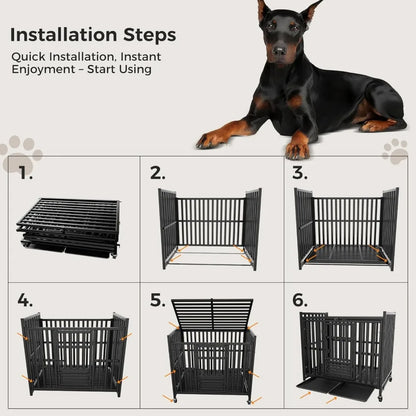 Heavy Duty Dog Crate, Escape-Proof Indestructible Cage for High-Anxiety Dogs, 3-Door Kennel with 4 Lockable Wheels