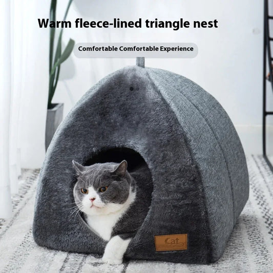 Triangle Closed Cat Nest House – Warm Thickened Deep Sleep Cat Tent Bed (S, M, L) - Pet Suppie