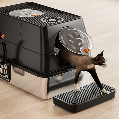 Stainless Steel Cat Litter Box, High Sided Enclosure Cat Toilet With Lid, Front And Top Door, Sand Filter Pedal & Litter Scoop