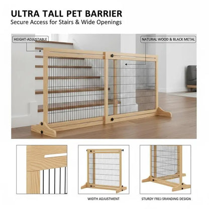 Freestanding Dog Gate, Foldable Pet Fence, Indoor Wood Barrier, Stair Gate with Support Feet, for Doorway, Hallway, Small and Medium Dogs, 69H x 104-183 cm, Natural Wood Finish