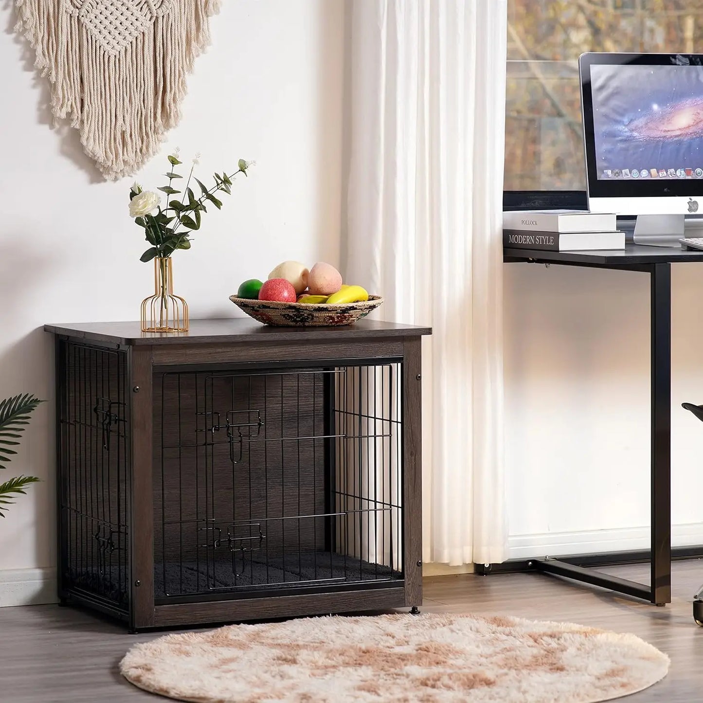 Dog Crate Furniture with Cushion, Wooden Kennel Table, Double Doors, Indoor Dog House, Small to XL, 27.2' L, Dark Gray