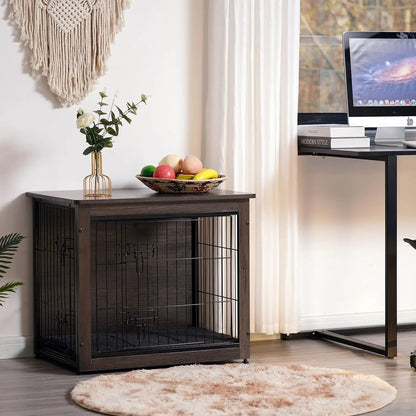 Dog Crate Furniture with Cushion, Wooden Kennel Table, Double Doors, Indoor Dog House, Small to XL, 27.2' L, Dark Gray