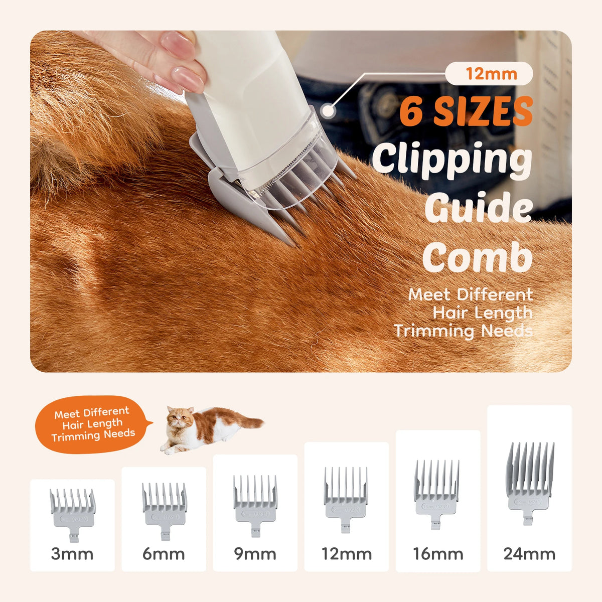 Clipping guide comb for pet grooming with different size options on a white background