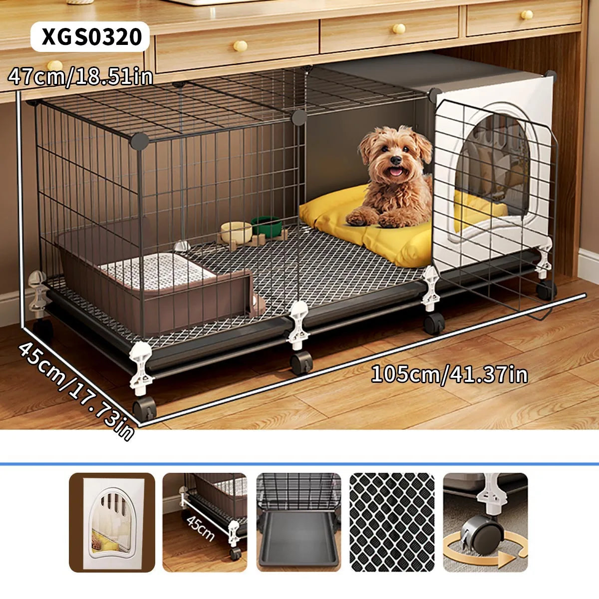 Dog Cage for Small and Medium-Sized Dogs, Indoor Household Use, Teddy Bichon Dog House with Tray, Integrated Toilet, Cat Cage, Dog Fence