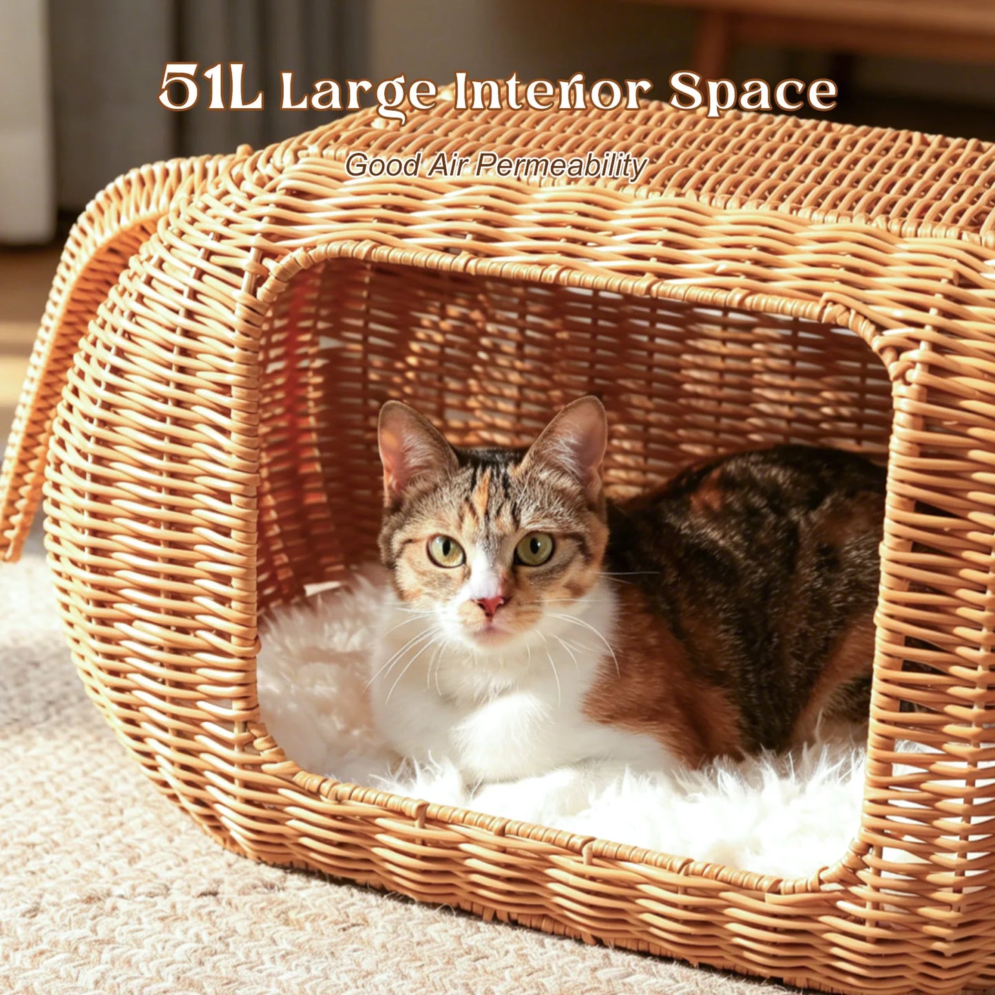 Handmade Elephant Rattan Cat Condo Bed – Plush Cushioned Wicker Hideaway, Heavy-Duty Indoor Shelter for Large Cats & Small Kittens