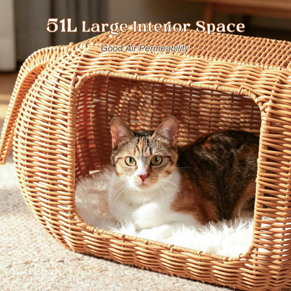 Handmade Elephant Rattan Cat Condo Bed – Plush Cushioned Wicker Hideaway, Heavy-Duty Indoor Shelter for Large Cats & Small Kittens