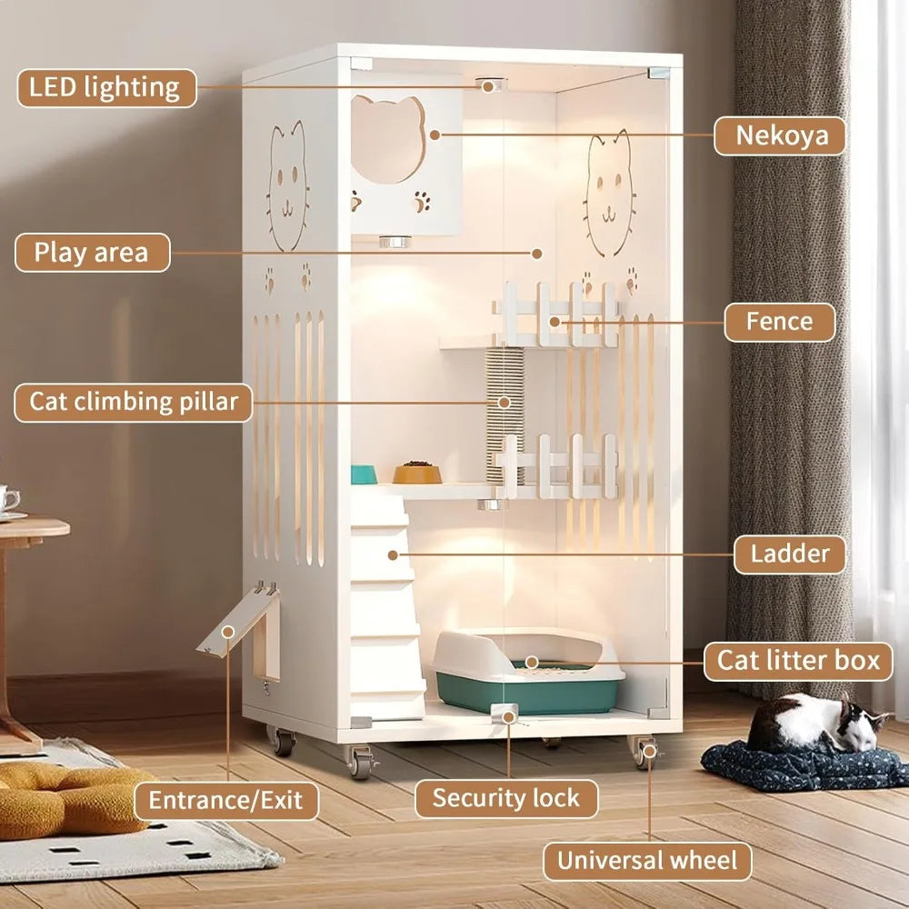 Large Wooden Cat House, Indoor Cat Condo Enclosed, Multi-Feature Luxury Cat Villa with Wheels Scratching Post, Wooden Cattery