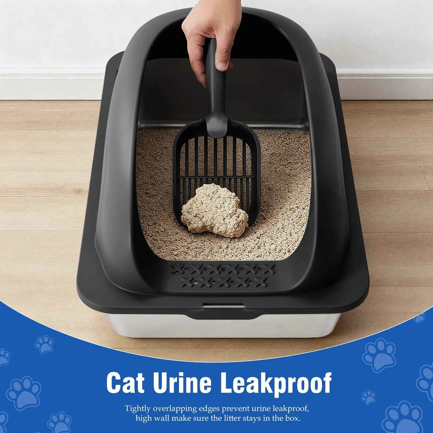 JHK Stainless 24IN Steel Cat Litter Box with Lid Large Cat Litter Box for Big Cats Anti-Urine Leakage Scoop and Mat Included