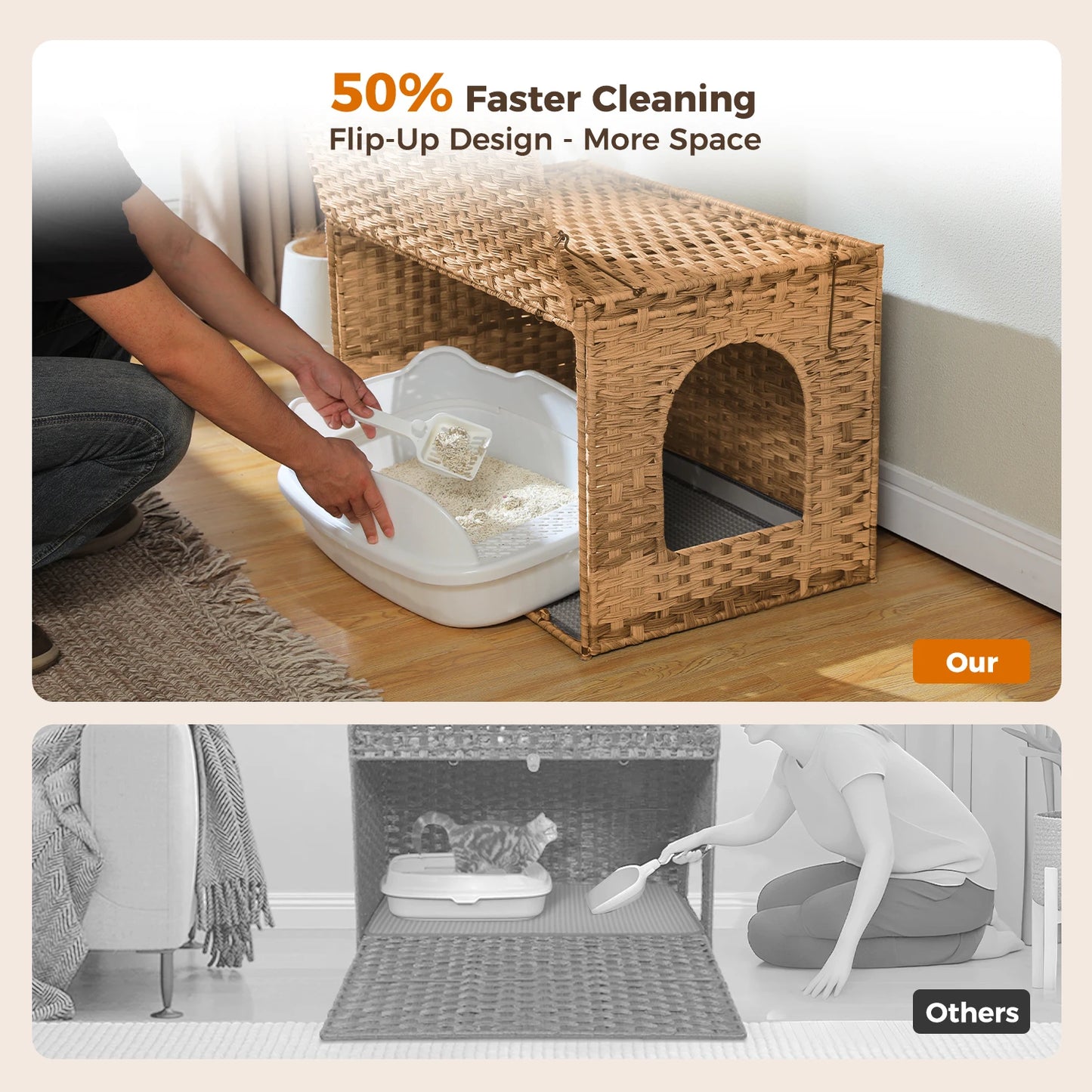 Rattan Cat Litter Box Enclosure Furniture with Door, Handwoven Rattan Hidden Litter Box Living Room Odor Control, Cat House Bed