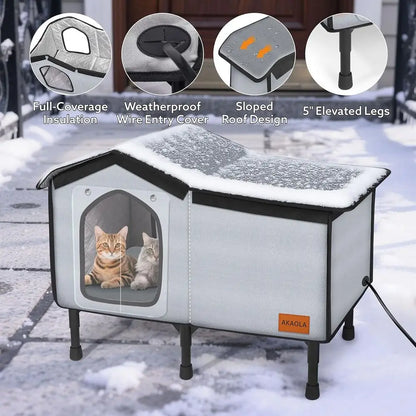 Heated Outdoor Cat Shelter Waterproof with Escape Door and Elevated Base for Winter (26x20x14)