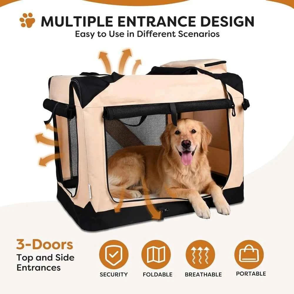 Easy Storage Foldable Soft Dog Crates Kennel 3 Door Soft Sided Travel Pet Car Carrier with Straps Mat for Dogs Cats Rabbits