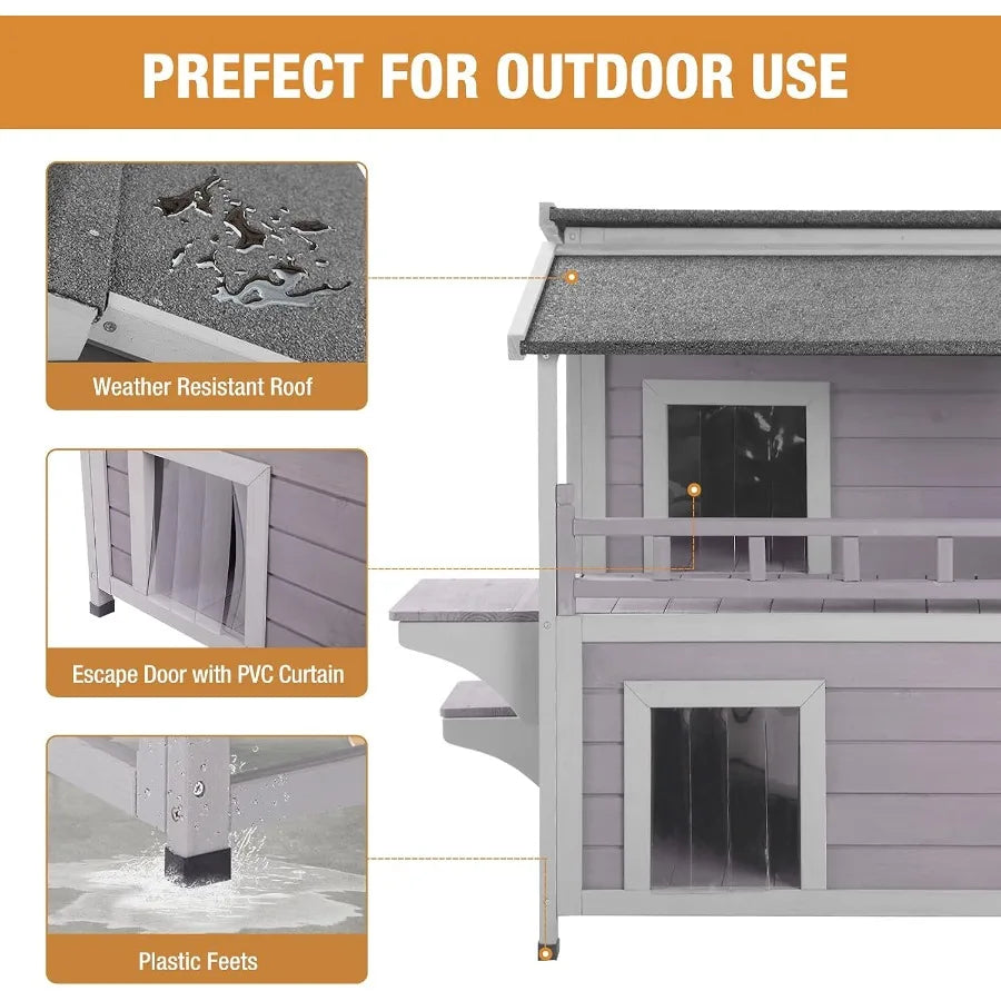 Two-Story Rainproof Outdoor Cat House for Feral Cats with Winter Protection Durable Shelter for Outdoor Use in Gardens Backyard
