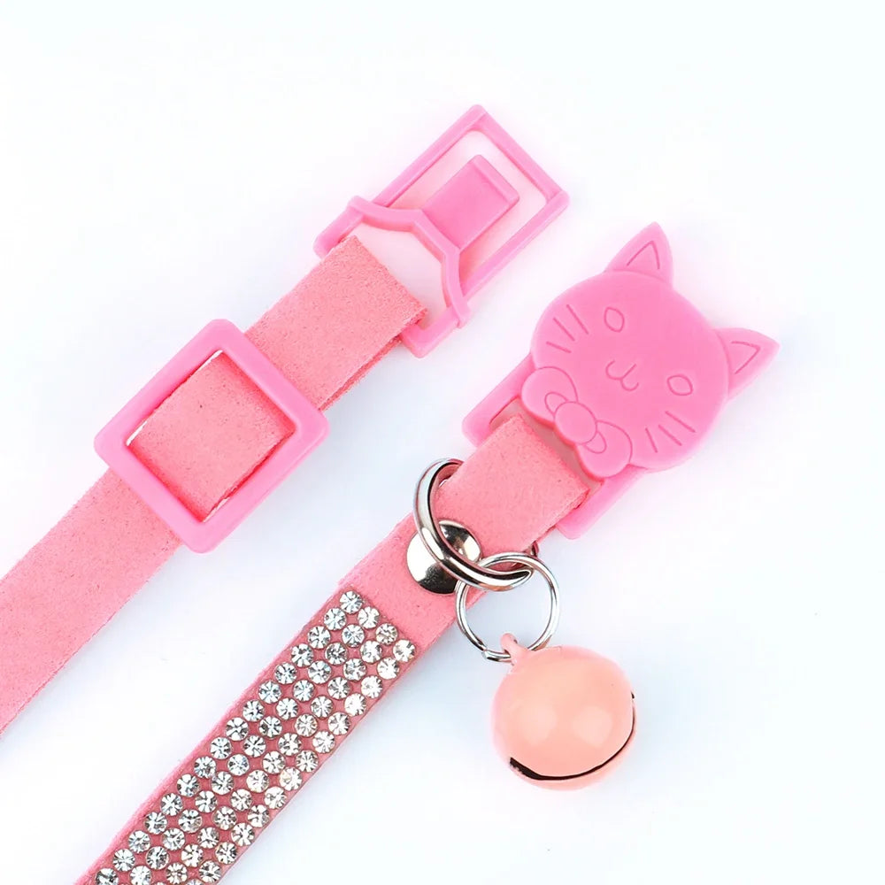 Soft Pink Suede Leather Cat Collar - Bling Rhinestone Design with Bell, Safety Breakaway & Adjustable XS/S for Cats & Puppies