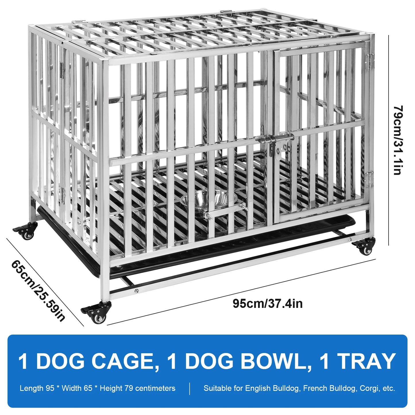 Metal Dog Cage Easy To Install Dog Crate with Four Wheels Dog Kennel Folding for High Anxiety Medium/Small Dogs