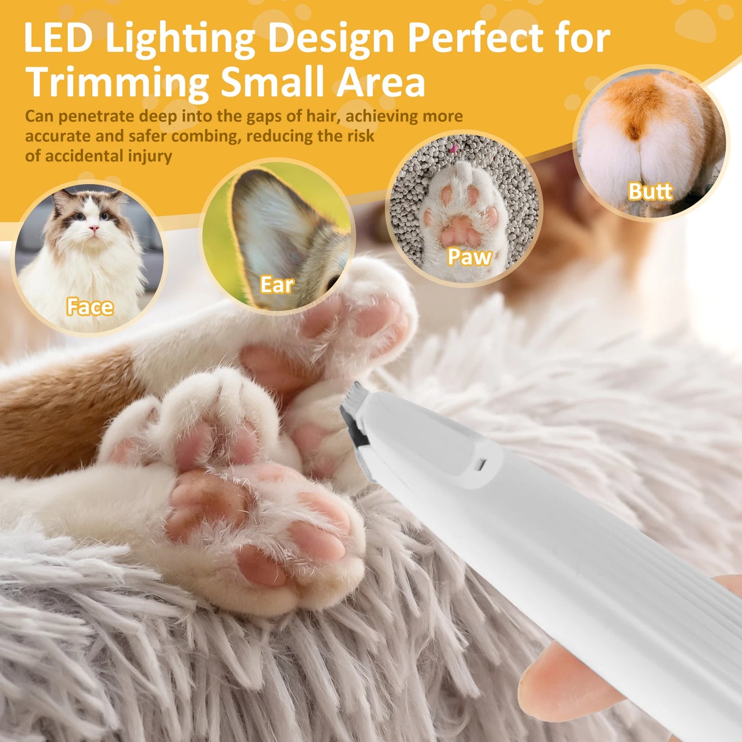 Professional Dog Grooming Clippers with LED Light USB Rechargeable Low Noise Dog Paw Clippers Portable Pet Hair Trimming Tool