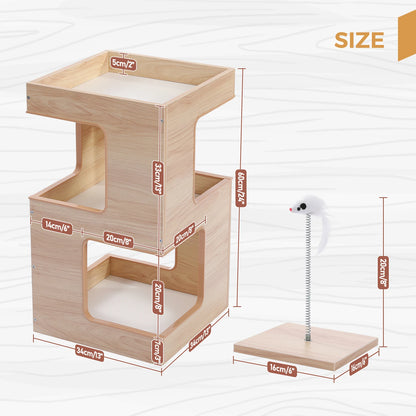 Wood Cat Condo House Bed with Removable Soft Mats Modern Cat Tree Tower with Scratching Pad Cat Scratcher Furniture Kitten Toys
